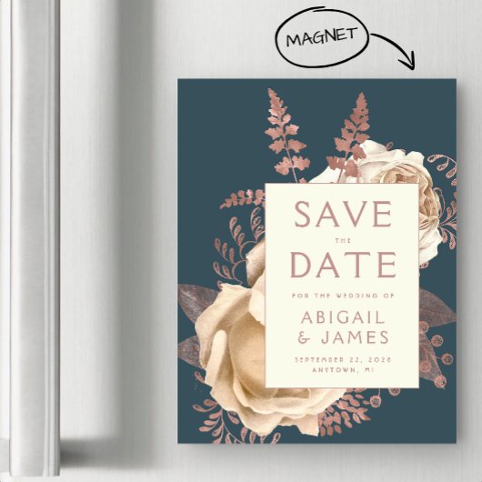 Floral Ivoor Roos Gold Blauwgroen Save the Date Magnetische Uitnodiging