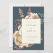 Floral Ivoor Roos Goud Blauwgroen QR Code Huwelijk Kaart (Voorkant)