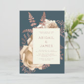 Floral Ivoor Roos Goud Blauwgroen QR Code Huwelijk Kaart (Staand voorkant)