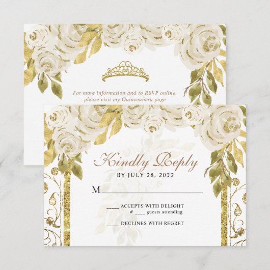 Floral Ivoor White Gold Arch Quinceañera RSVP Kaartje (Voorkant / Achterkant)