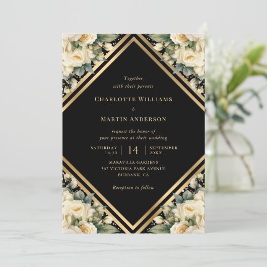 Floral Ivoor Zwart Goud Confetti Geometrische brui Kaart (Staand voorkant)