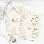 Floral Ivory Gold Surprise 50e verjaardag Kaart<br><div class="desc">Floral Ivory Cream & Gold Surprise - 50e verjaardag van de uitnodiging van de partij. Minimalistisch modern design met botanische accenten en lettertype typografie. Eenvoudige bloemige uitnodigingskaart perfect voor een stijlvol vrouw verrassingsfeest. Kan op elke leeftijd worden aangepast.</div>