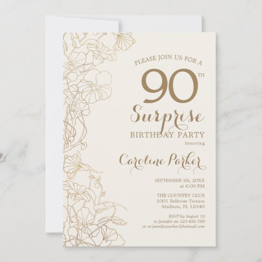 Floral Ivory Gold Surprise 90e verjaardag Kaart (Voorkant)