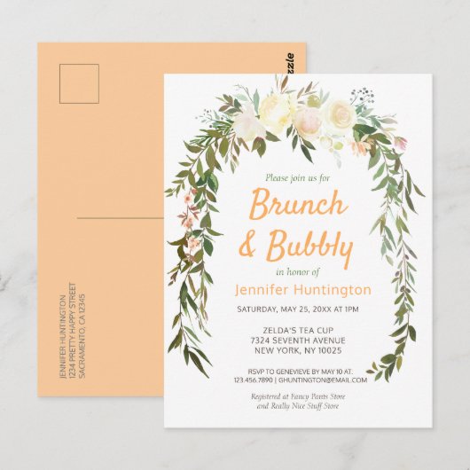 Floral Ivory Peach Brunch & Bubble Vrijgezellenfee Briefkaart (Voorkant / Achterkant)