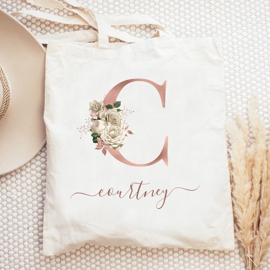 Floral Ivory Roos Gold Monogram Letter C Tote Bag