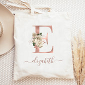 Floral Ivory Roos Gold Monogram Letter E Tote Bag