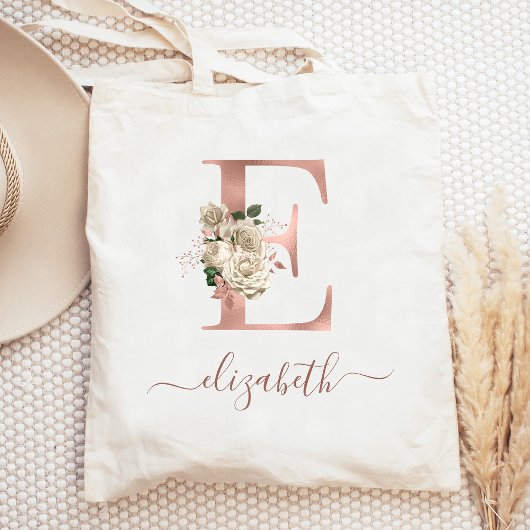 Floral Ivory Roos Gold Monogram Letter E Tote Bag