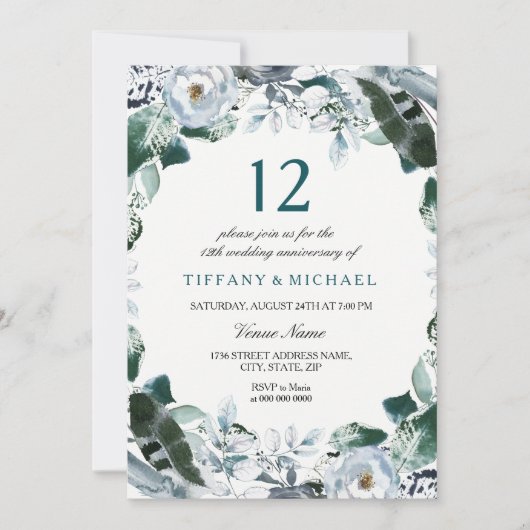 Floral Jade Green 12th Wedding Jubileum Invite Kaart (Voorkant)
