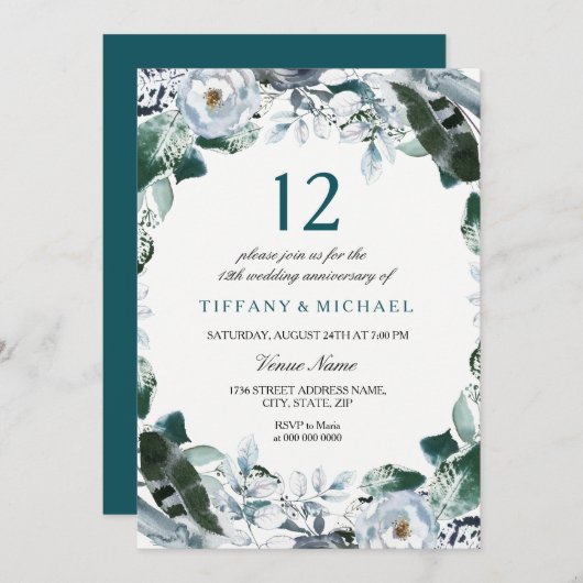 Floral Jade Green 12th Wedding Jubileum Invite Kaart (Voorkant / Achterkant)