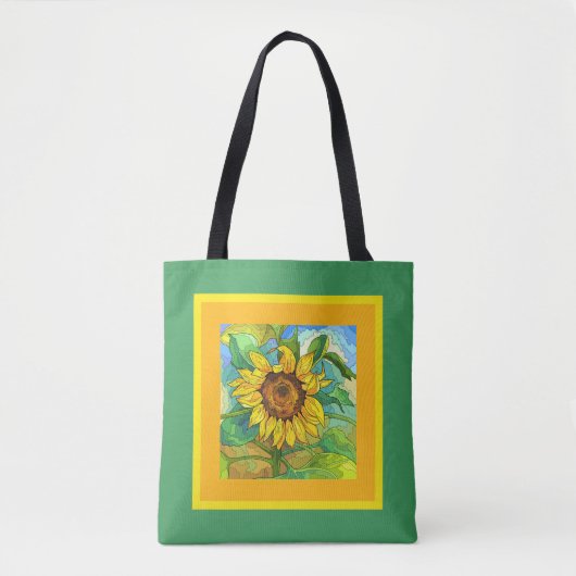 Floral, jumbozonnebloem op geel/groen tote bag (Voorkant)