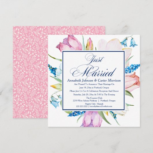 Floral "Just Married" Wedding Announcement Kaart (Voorkant / Achterkant)