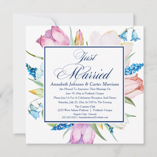 Floral "Just Married" Wedding Announcement Kaart (Voorkant)