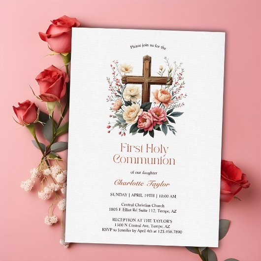 Floral Katholiek Kruis Eerste Heilige Communie Kaart