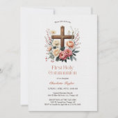 Floral Katholiek Kruis Eerste Heilige Communie Kaart (Voorkant)