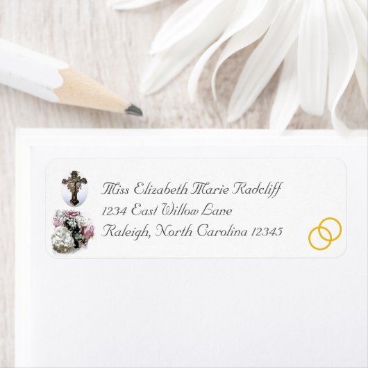 Floral Katholieke bruiloft retour adreslabel Etiket (Insitu)