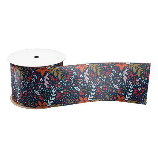 Floral kerstbloemen Navy Gift Ribbon Satijnen Lint (Spoel)