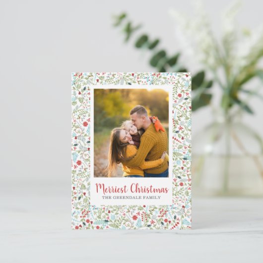 Floral Kerstfeestay Pattern Foto Briefkaart (Staand voorkant)