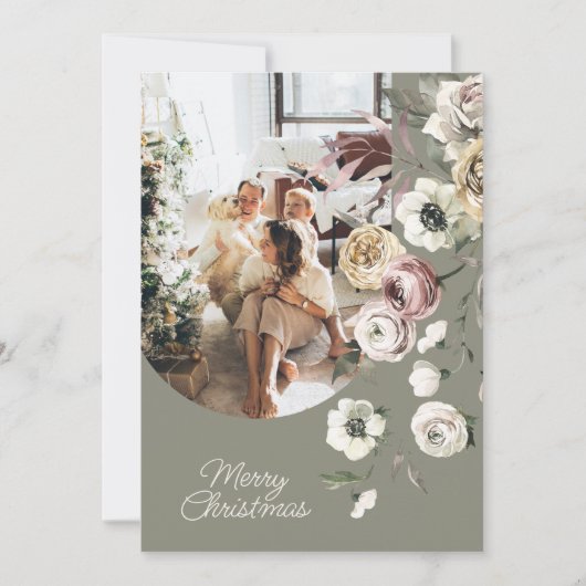 Floral Kerstfeestdag Foto gepersonaliseerd Feestdagenkaart (Voorkant)