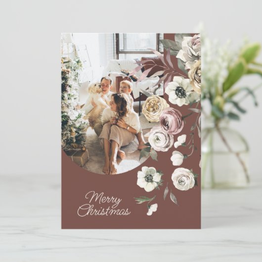 Floral Kerstfeestdag Foto gepersonaliseerd Feestdagenkaart (Staand voorkant)