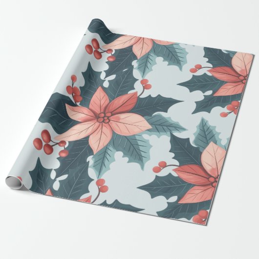 Floral kerstinpakpapier cadeaupapier (Uitgerold)