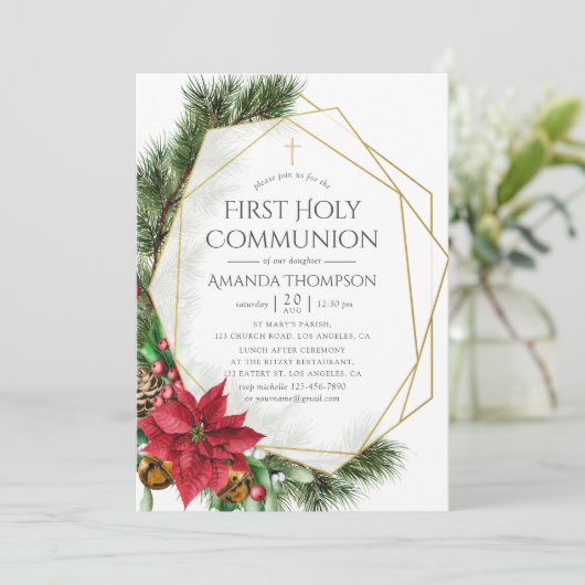 Floral Kerstmis Geometric First Heilige Communie Kaart (Staand voorkant)