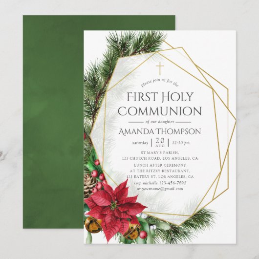 Floral Kerstmis Geometric First Heilige Communie Kaart (Voorkant / Achterkant)