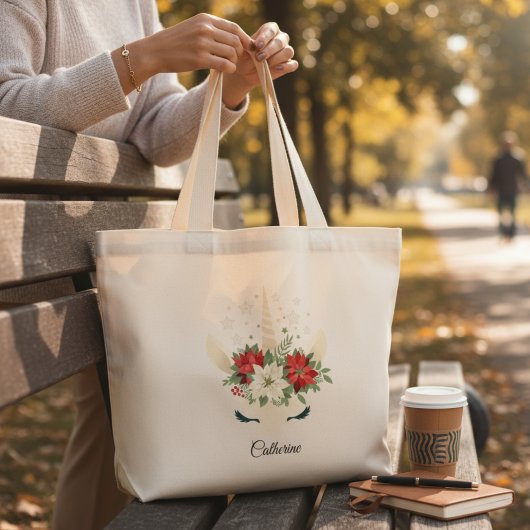 Floral Kerstmis Unicorn - Persoonlijke naam Grote Tote Bag