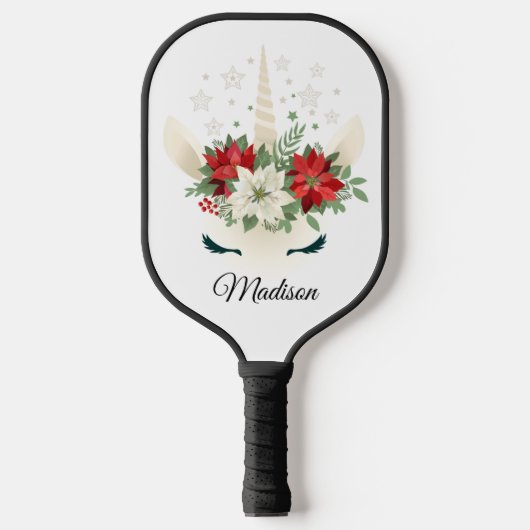 Floral Kerstmis Unicorn - Persoonlijke naam Pickleball Paddle (Voorkant)