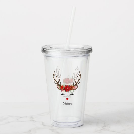 Floral kerstrenrendiernaam acryl drinkbeker (Achterkant)