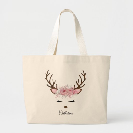 Floral kerstrenrendiernaam grote tote bag (Voorkant)