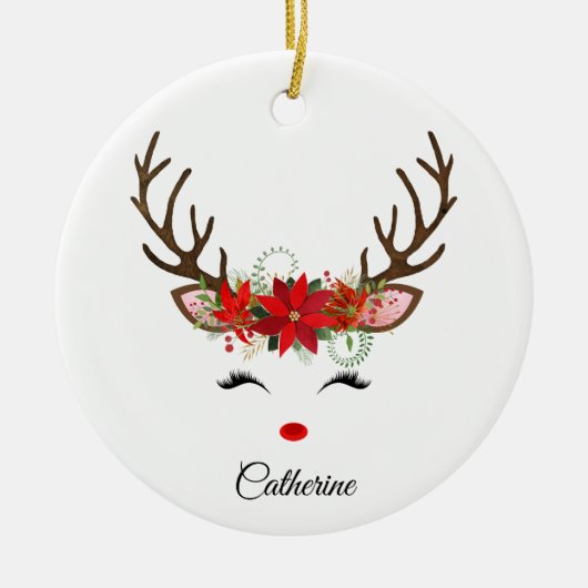 Floral kerstrenrendiernaam keramisch ornament (Voorkant)