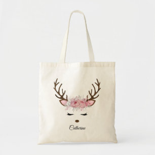 Floral kerstrenrendiernaam tote bag