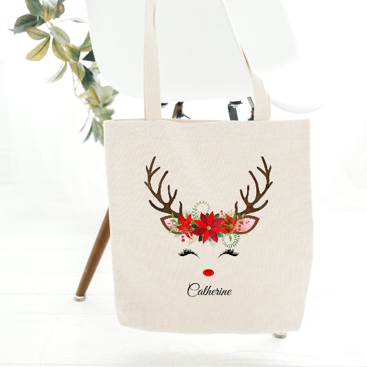 Floral kerstrenrendiernaam tote bag