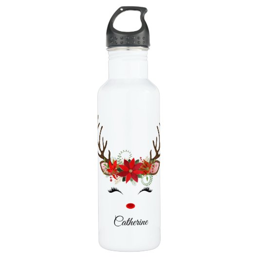 Floral kerstrenrendiernaam waterfles  (Voorkant)