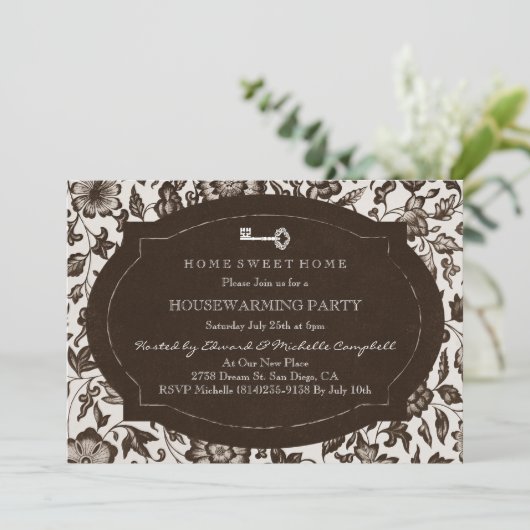  Floral & Key Housewarming Party Uitnodigen Kaart (Staand voorkant)