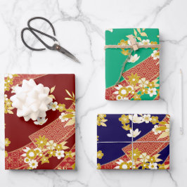 Floral Kimono Patroon Rood Gouden Inpakpapier Vel
