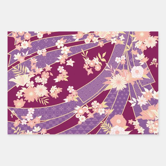 Floral Kimono Pattern Violet Inpakpapier Vel (Voorkant 3)
