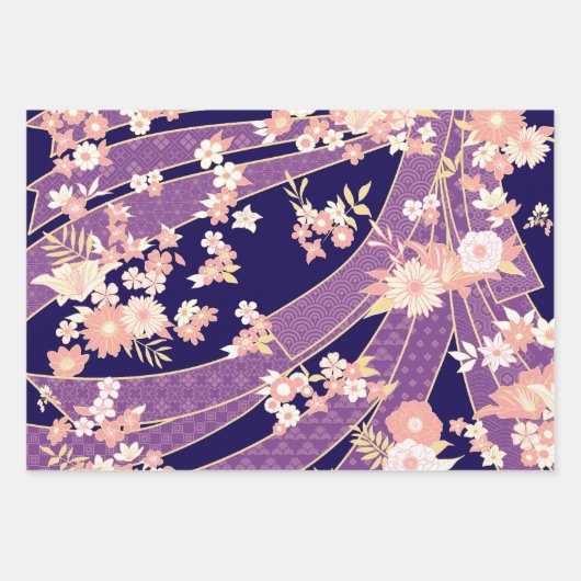 Floral Kimono Pattern Violet Inpakpapier Vel (Voorkant)
