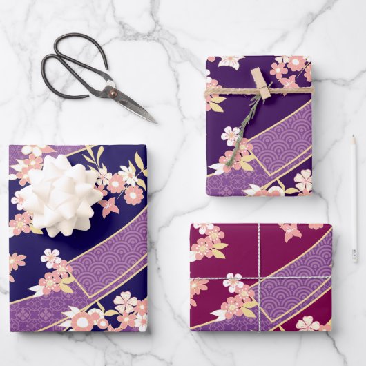 Floral Kimono Pattern Violet Inpakpapier Vel (Voorkant)