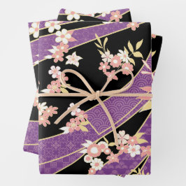 Floral Kimono Pattern Violet Inpakpapier Vel