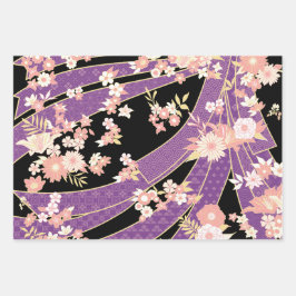 Floral Kimono Pattern Violet Inpakpapier Vel