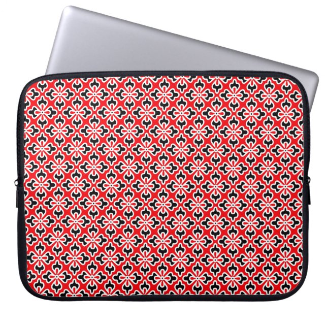 Floral kimono print, rood, zwart en wit laptop sleeve (Voorkant)