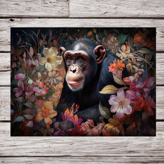 Floral Kingdom: A Chimpansee Amidst a Garden of Co Perfect Poster
