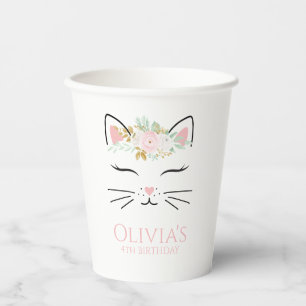 Floral Kitten Verjaardagsfeest kat gezicht Papiere Papieren Bekers