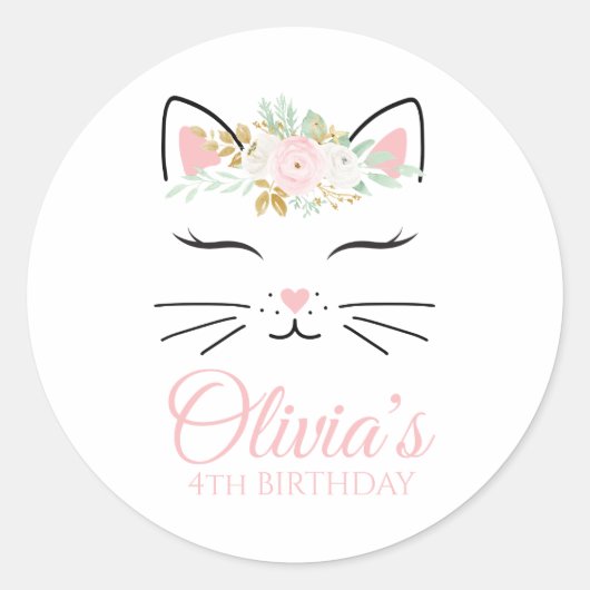 Floral Kitten Verjaardagsfeestje Stickers kat gezi (Voorkant)