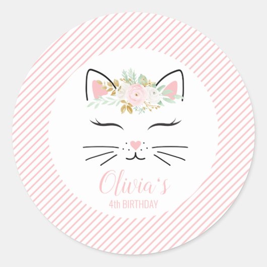 Floral Kitten Verjaardagsfeestje Stickers kat gezi (Voorkant)