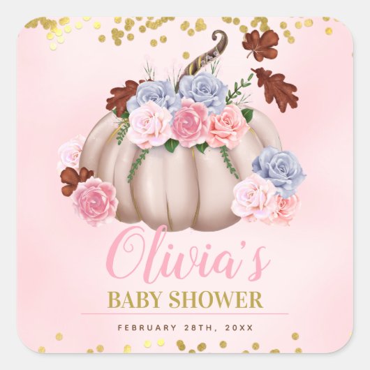 Floral kleine pompoen meisje Baby shower Vierkante Sticker (Voorkant)