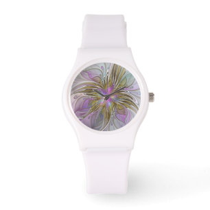 Floral kleurrijk Abstract fractal met roze en goud Horloge