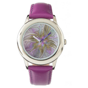 Floral kleurrijk Abstract fractal met roze en goud Horloge