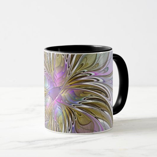 Floral kleurrijk Abstract fractal met roze en goud Mok (Voorkant rechts)